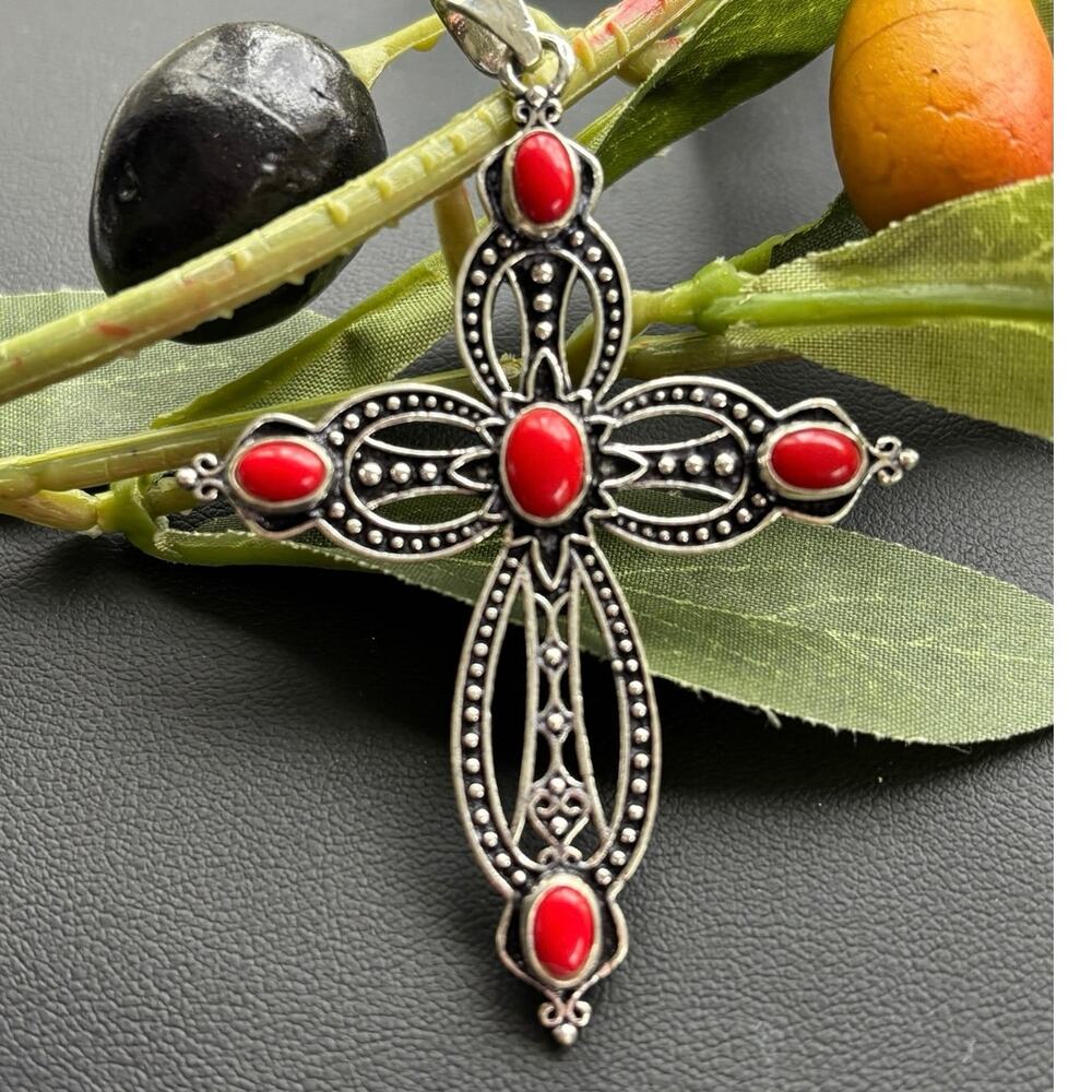 925 Sterling Red Coral Cross Pendant